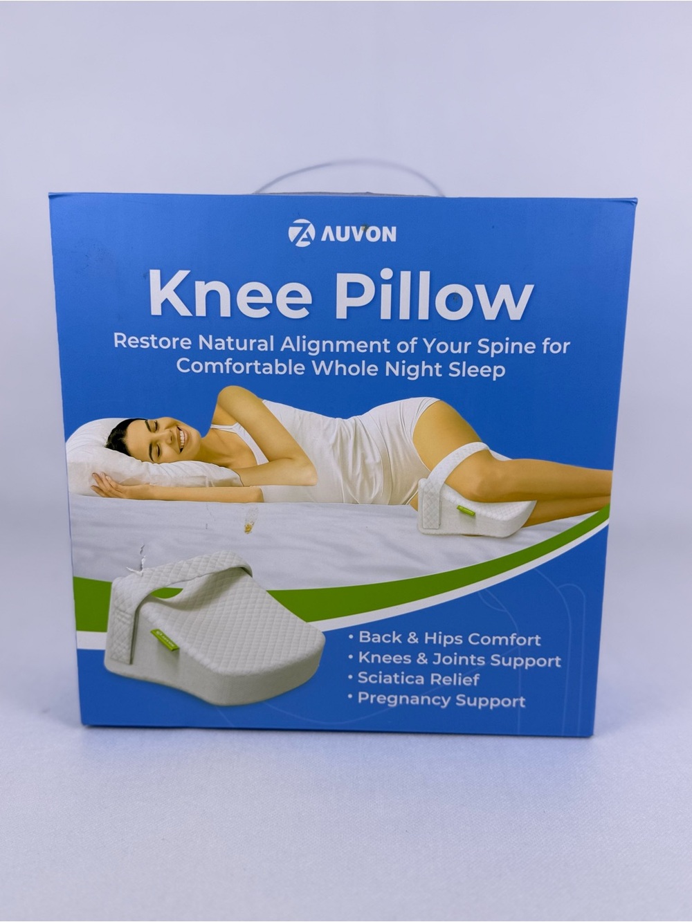 AUVON Memory Foam Knee Pillow Side Sleepers Leg Support Adjustable Strap White